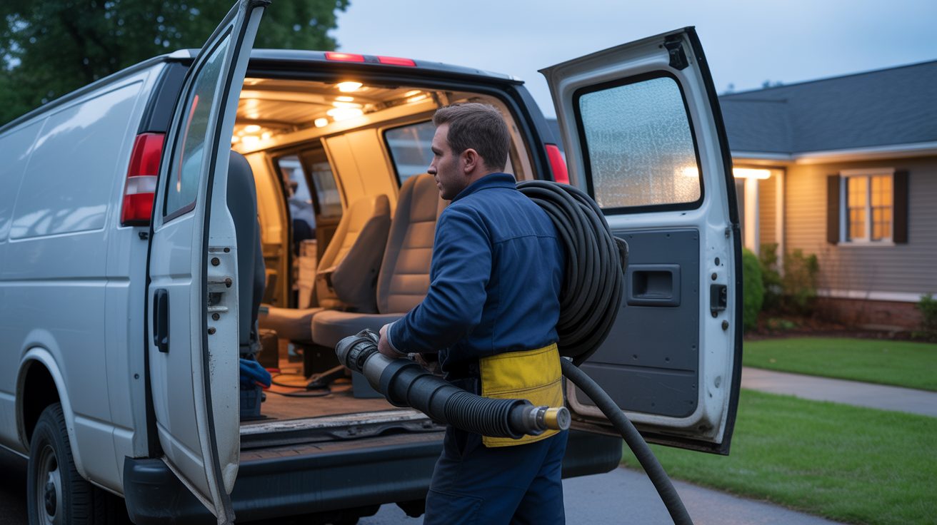 Emergency crew unloading equipment outside a Austin home