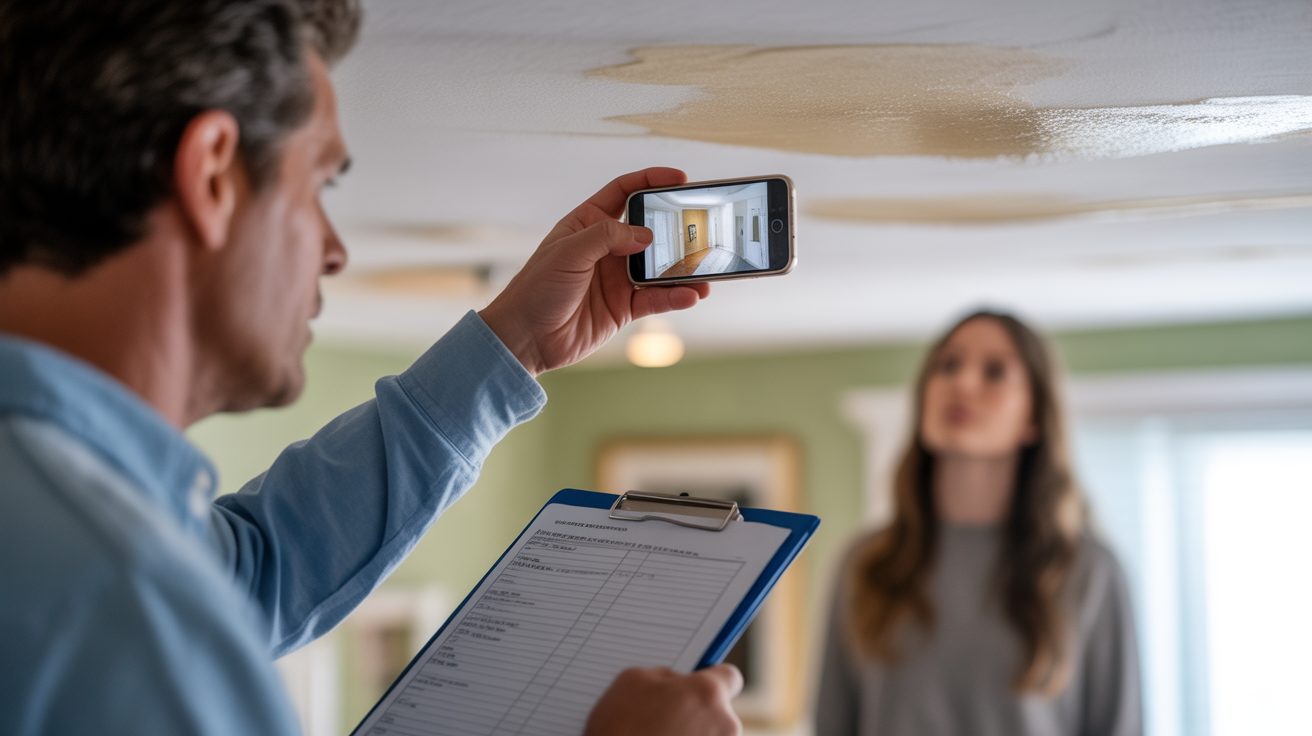 Restoration professional photographing damage to document an insurance claim in Austin